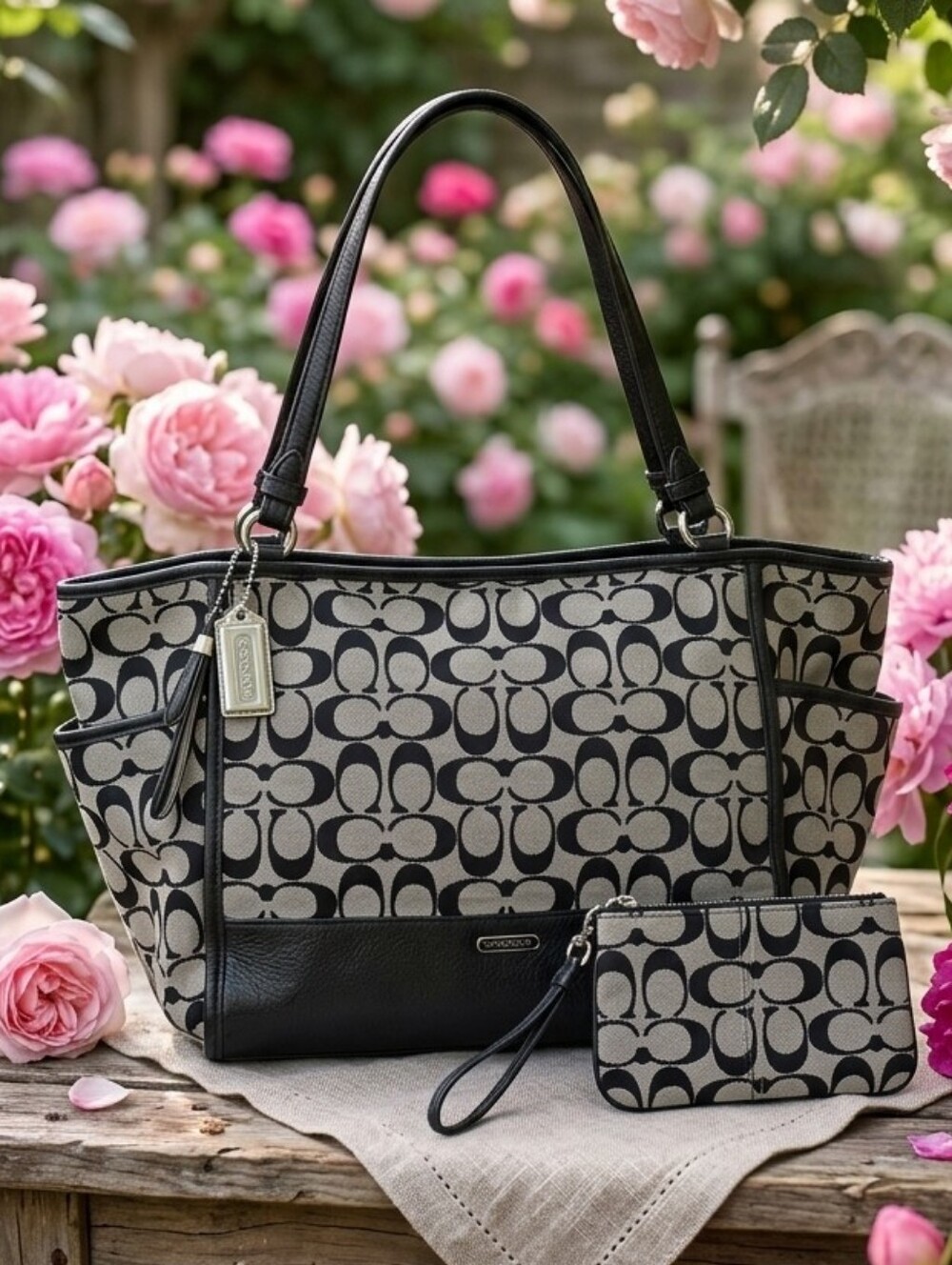 Coach Park Signature Carry Black and Gray Signature Punch Wristlet Incluided.